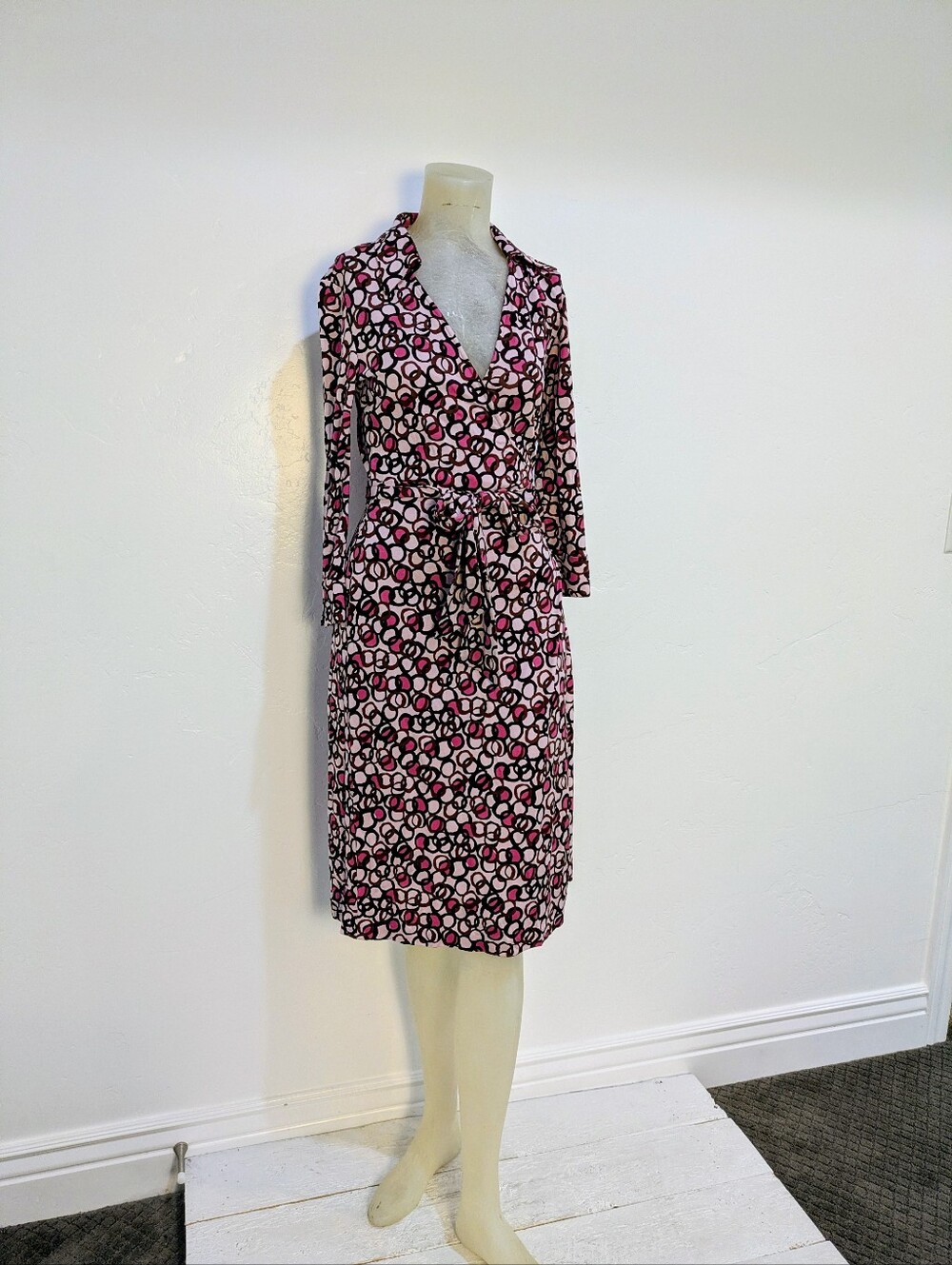 Vintage Diane Von Furstenberg Pink Printed Wrap Dress with Tie Waist